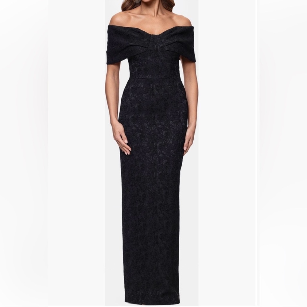 Betsy & Adam Floral Jacquard Off The Shoulder Sheath Gown Black Maxi Dress
